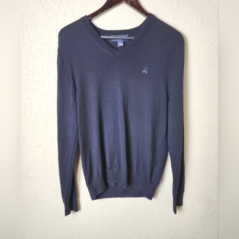 Brooks Brothers Slim Fit Mens V-Neck Merino Wool Sweater Navy Blue Size S